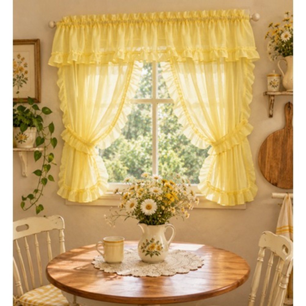 Vintage Sears Yellow Sheer Ruffle Curtains 3 Pc Set Panels Valance Cottagecore